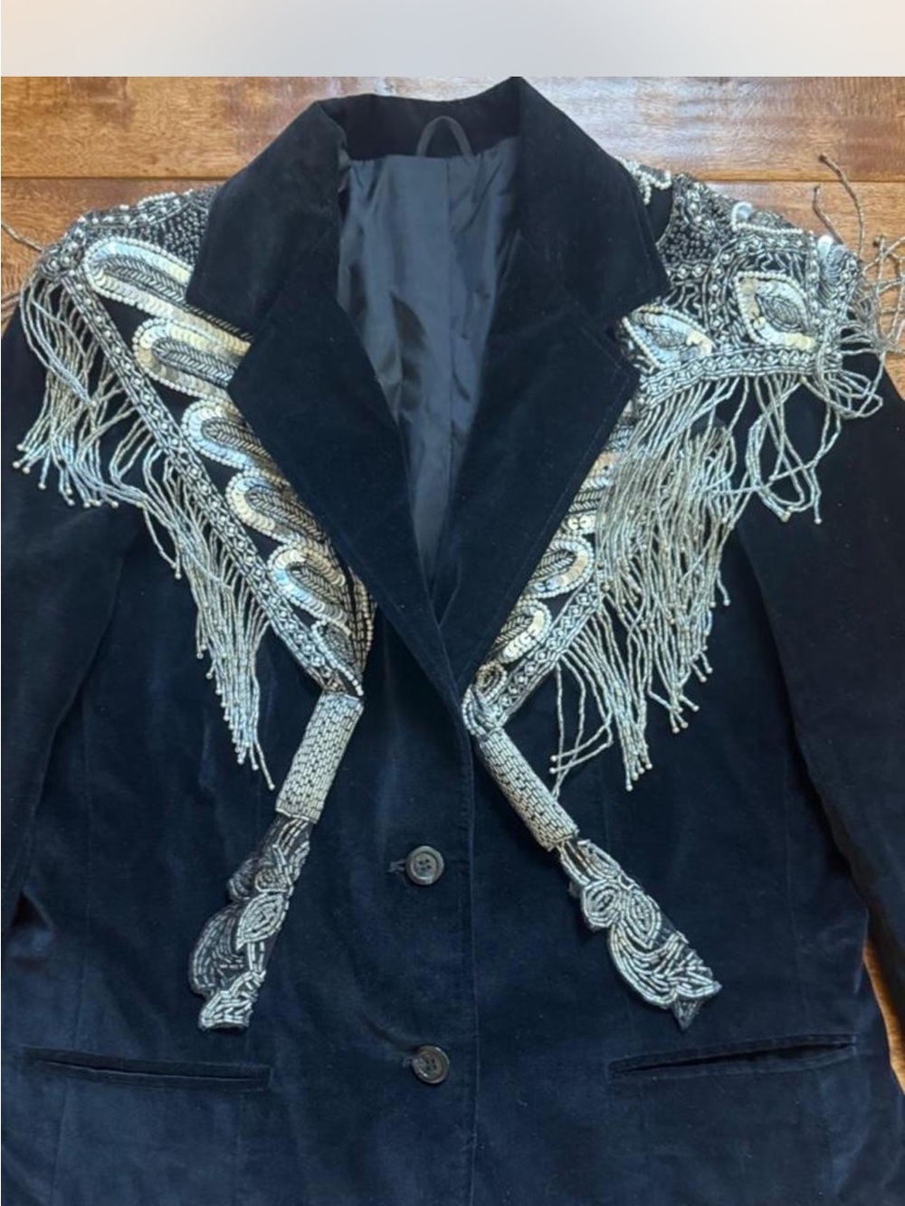 American Vintage Black Velvet Blazer with Silver Beaded Fringe